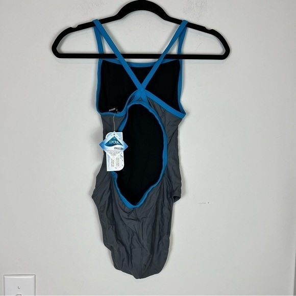 Sporti Swimsuit womens small Solid Piped Thin Strap One Piece Grey/Turquoise - Picture 6 of 8